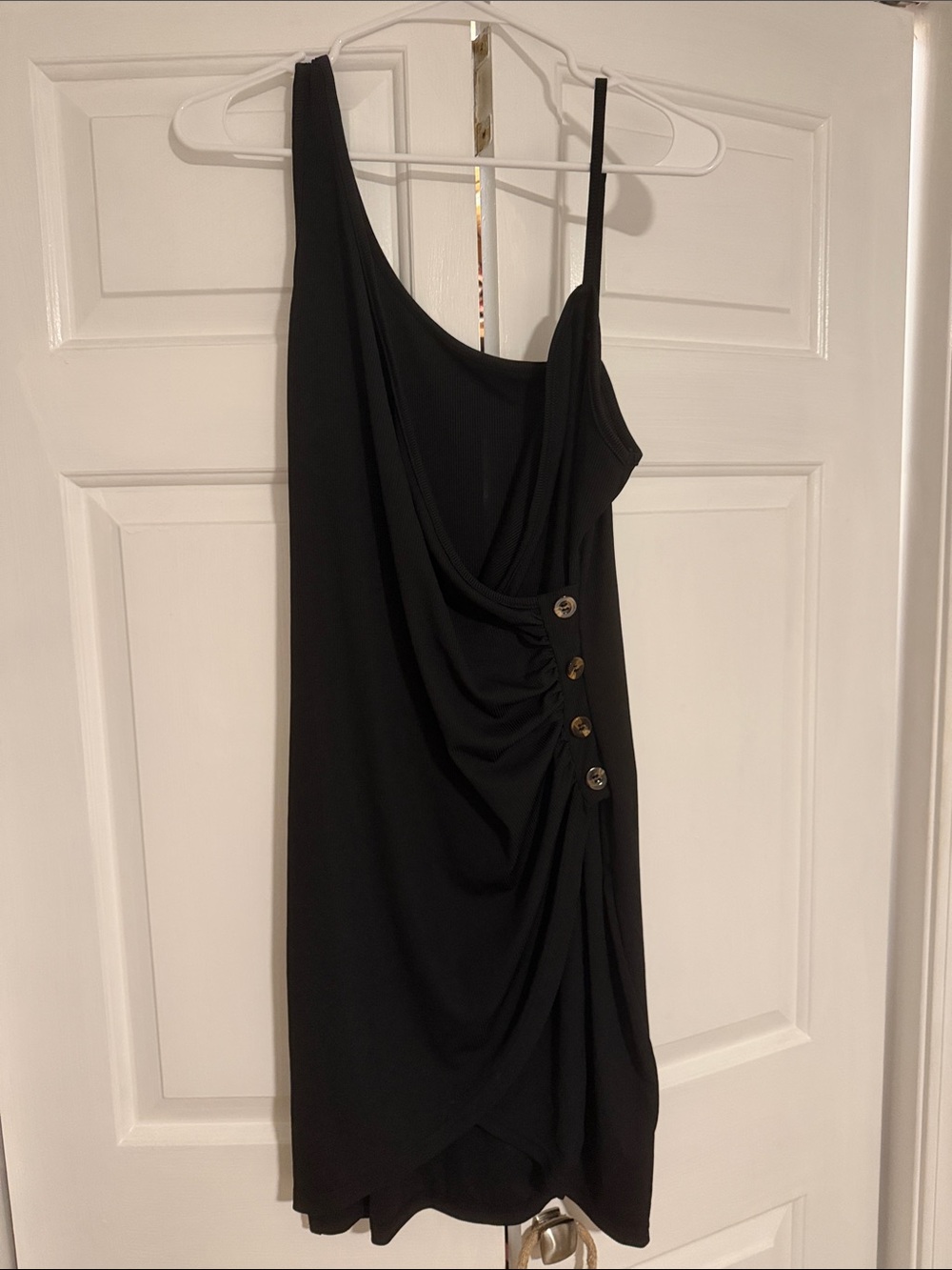 Asymmetric One-Shoulder Black Draped Dress with Button Accent